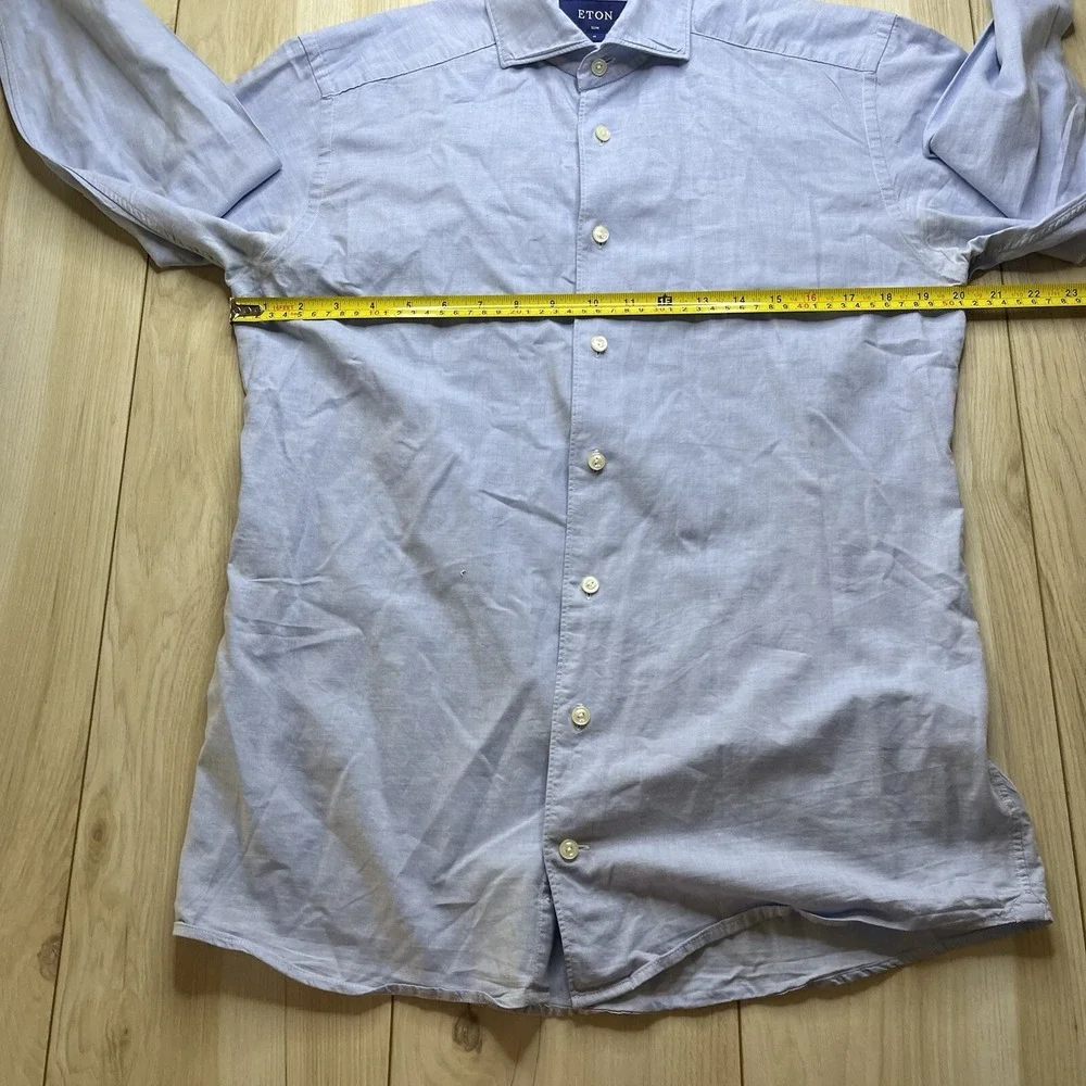 Eton Slim Casual Button Up Shirt Cotton Silk Blend Blue Mens Size Medium 15 1/2 - Picture 7 of 13
